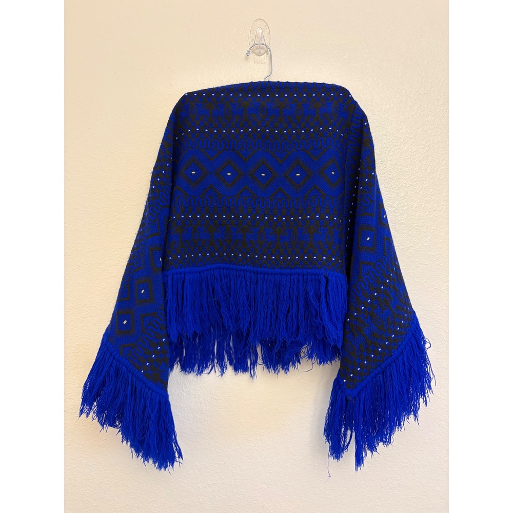 Exportaciones Gaitan Guatemala Blue Black Woven Fringe Poncho Shawl Cotton Blend